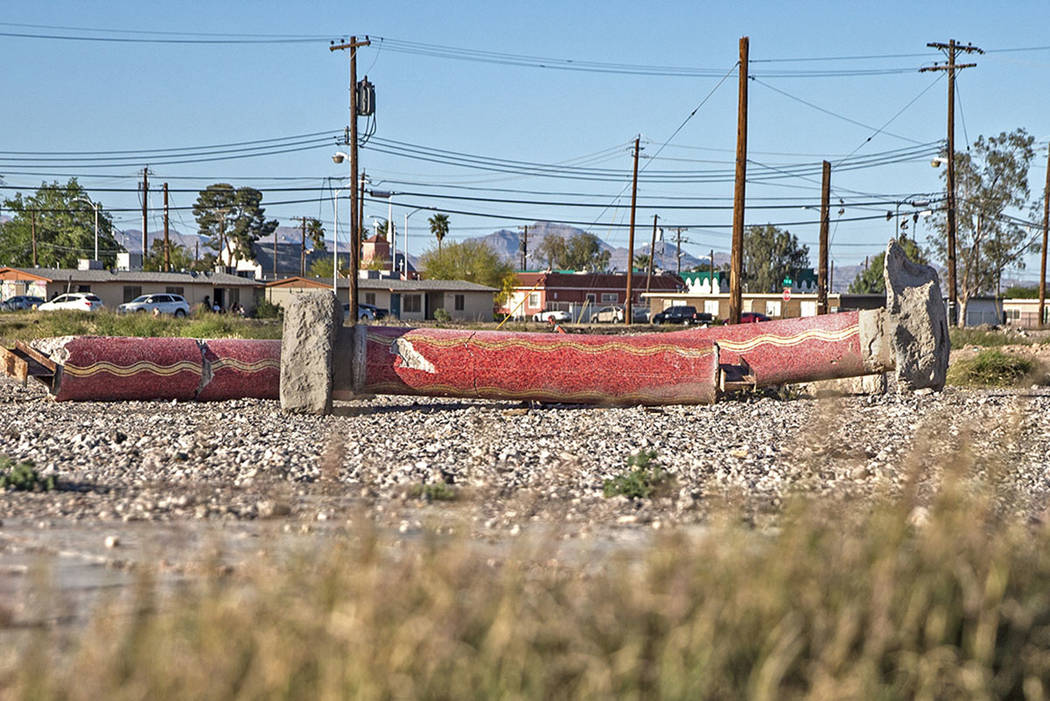 A trio of red mosaic columns are among the few relics left of the Moulin Rouge on Friday, April 20, 2018, in Las Vegas. Benjamin Hager Las Vegas Review-Journal @benjaminhphoto