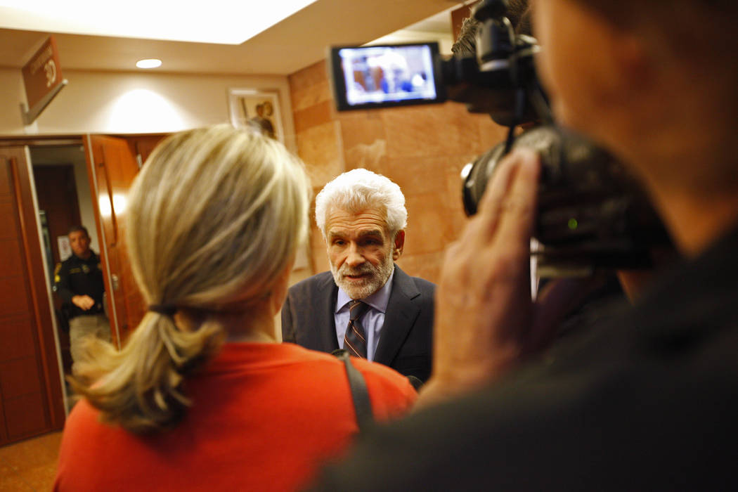 Benedict Morelli, lawyer for Gavin Cox, speaks to the media at the Regional Justice Center in Las Vegas, Tuesday, May 29, 2018. Gavin Cox sued illusionist David Copperfield for injuries he sustain ...