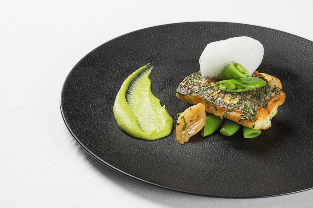 Black Bass with Spring Legumes at Spago. Anthony Mair