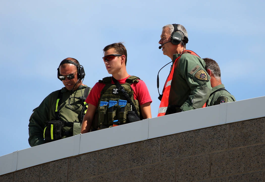 Las Vegas police officers are seen during during a mass shooting drill, coordinated by the Metropolitan Police Department and the various agencies in the area, at Shadow Ridge High School on Wedne ...