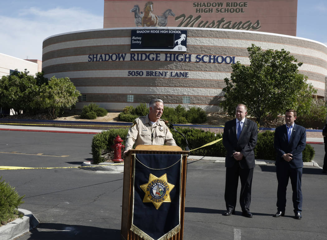 Sheriff Joe Lombardo addresses the media prior to the start of a mass shooting drill, coordinated by the Metropolitan Police Department and the various agencies in the area, at Shadow Ridge High S ...