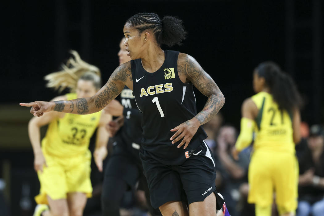 Las Vegas Aces forward Tamera Young (1) reacts after making a shot agains the Seattle Storm in the first half of a WNBA basketball game at the Mandalay Bay Events Center in Las Vegas on Sunday, Ma ...