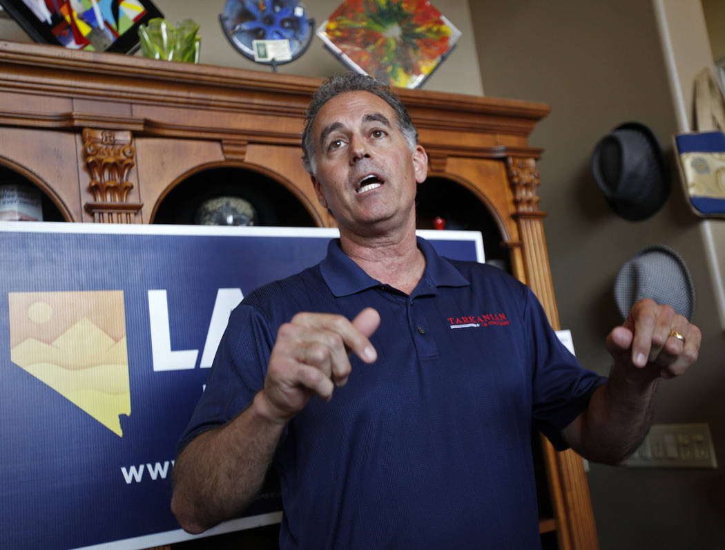 Danny Tarkanian, a Republican running for 3rd Congressional District of Nevada, speaks to the crowd at a "Get-Out-The-Vote" campaign at Avery's Coffee Shop in Las Vegas, Wednesday, May 3 ...