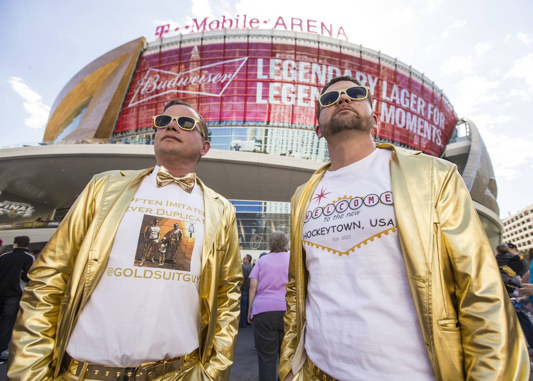 Golden Knights fans Erik Foley, left, and Karl Rutledge outside T-Mobile Arena before the start of Game 2 of the NHL Stanley Cup Finals with the Washington Capitals on Wednesday, May 30, 2018, at ...