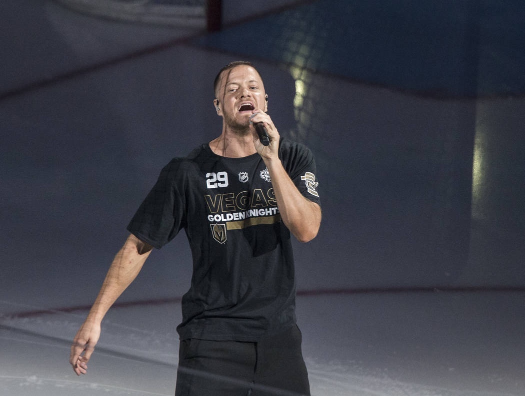 Dan Reynolds, lead singer of Imagine Dragons, performs "Whatever It Takes" before the start of Game 2 of the NHL Stanley Cup Final between the Golden Knights and Washington Capitals on W ...