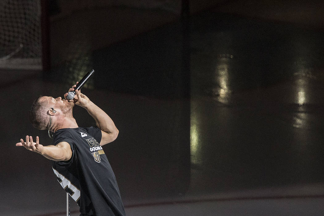 Dan Reynolds, lead singer of Imagine Dragons, performs "Whatever It Takes" before the start of Game 2 of the NHL Stanley Cup Final between the Golden Knights and Washington Capitals on W ...