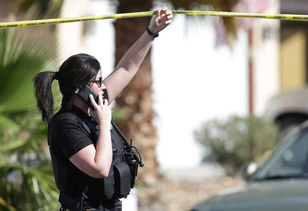 Las Vegas police investigate a home invasion homicide on the 6400 block of Morley Avenue on May 30, 2018 in Las Vegas. (Mike Shoro/Las Vegas Review-Journal)