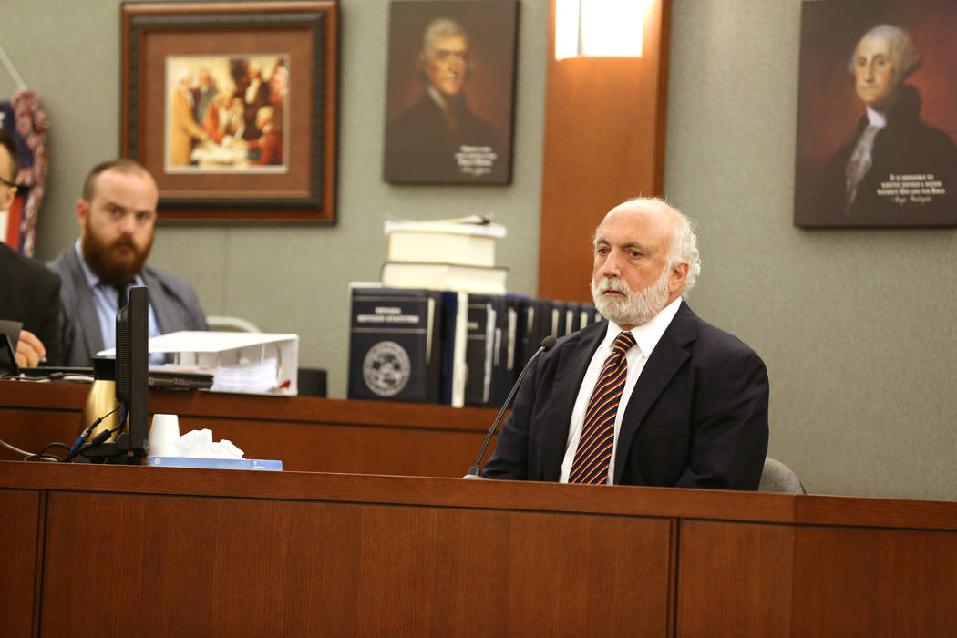 Adolescence expert Laurence Steinberg testifies during a hearing at the Regional Justice Center on Thursday, May 31, 2018, for Jeremy Strohmeyer, who sexually assaulted and killed 7-year-old Sherr ...