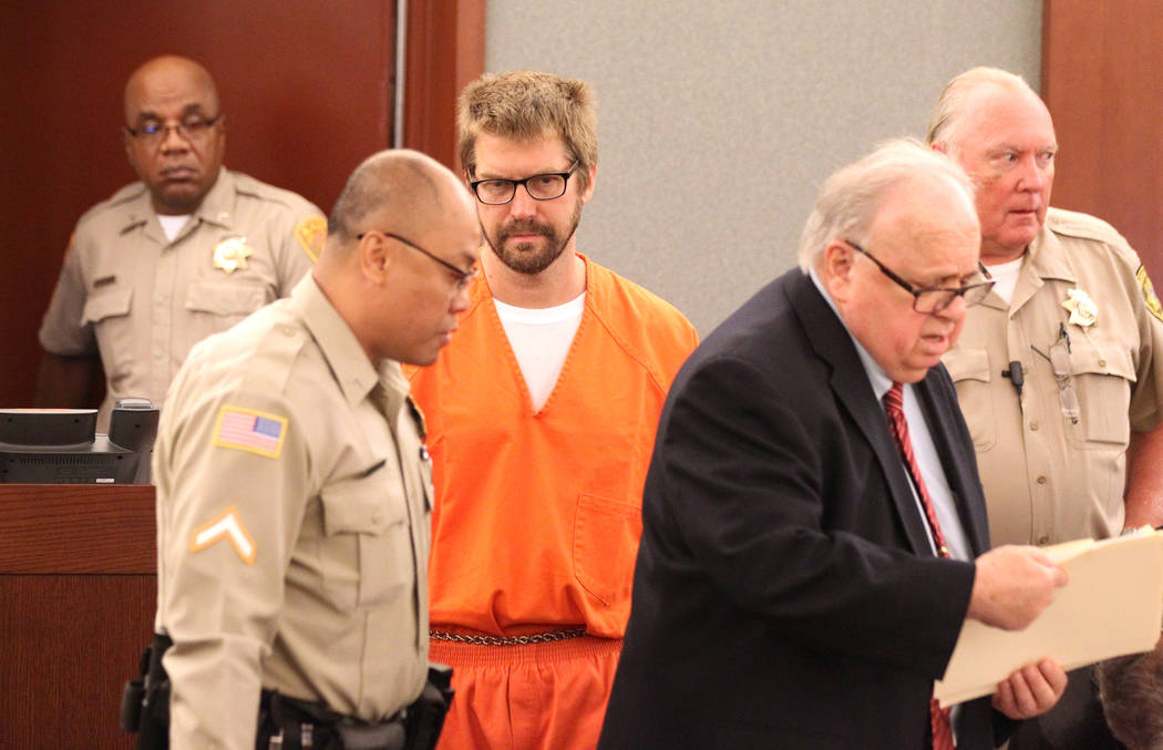 Jeremy Strohmeyer, who sexually assaulted and killed 7-year-old Sherrice Iverson in a Primm casino restroom 21 years ago, enters the courtroom for a hearing at the Regional Justice Center on Thurs ...