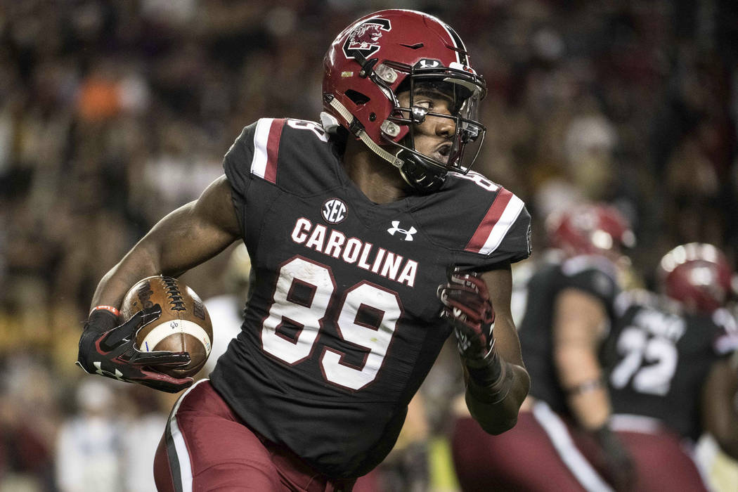 South Carolina wide receiver Bryan Edwards (89) runs with the ball during the second half of an NCAA college football game against Wofford on Saturday, Nov. 18, 2017 in Columbia, S.C. South Caroli ...