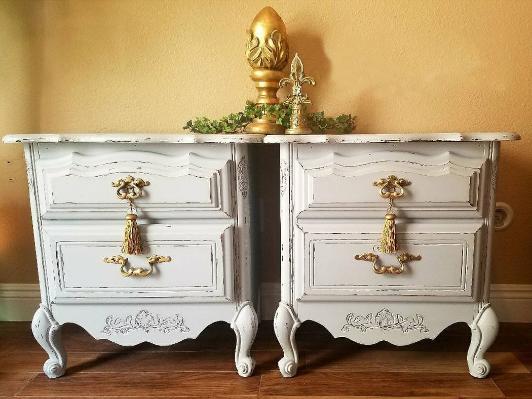 Old to Ooh La La This pair of nightstands was refinished in soft gray with gold hardware by Victoria Konhorst of Old to Ooh La La.