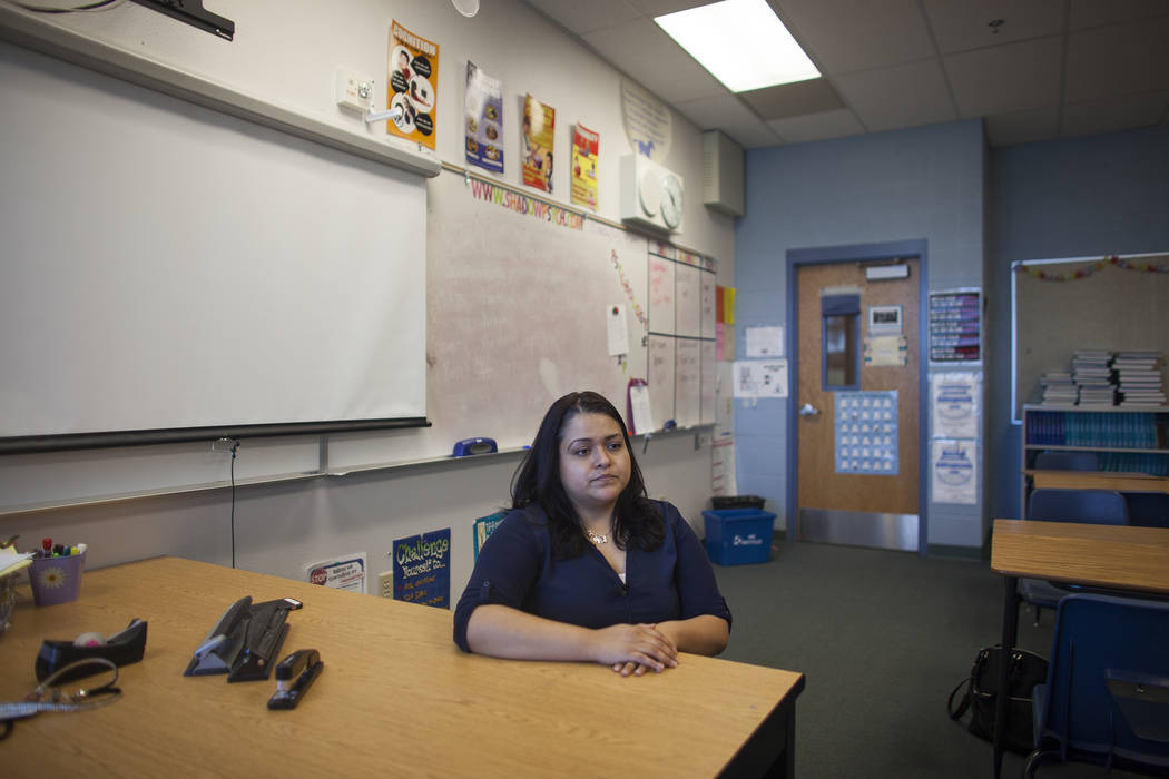 Danielle Jones, a teacher and behavioral specialist at Shadow Ridge High School, talks to the Review-Journal at her classroom at Shadow Ridge High School in Las Vegas, Thursday, May 3, 2018. Jones ...