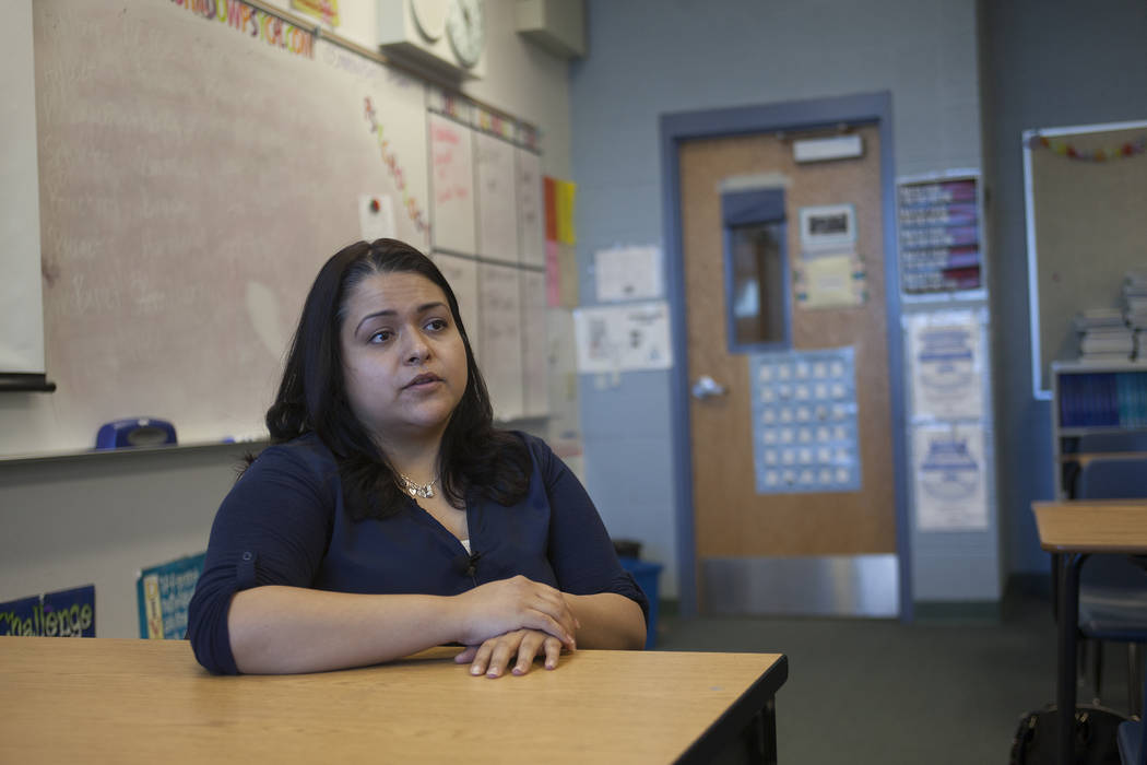 Danielle Jones, a teacher and behavioral specialist at Shadow Ridge High School, talks to the Review-Journal at her classroom at Shadow Ridge High School in Las Vegas, Thursday, May 3, 2018. Jones ...