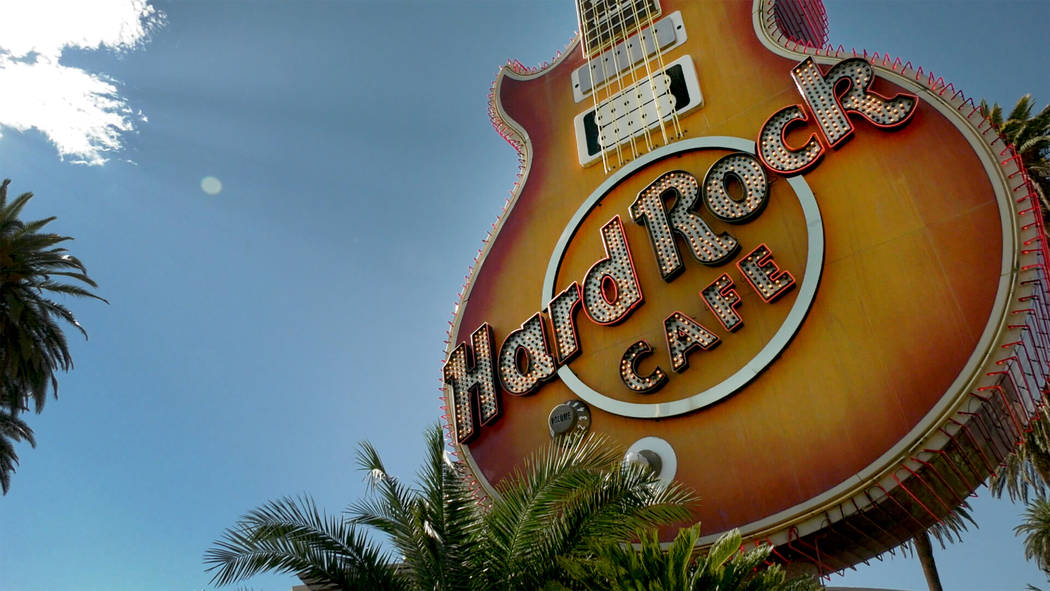 The Hard Rock Café neon sign as seen on Thursday, Aug. 10, 2017 at the corner of Harmon and Paradise is coming down and moving to a new home in the Neon Museum. Michael Quine Las Vegas Review ...