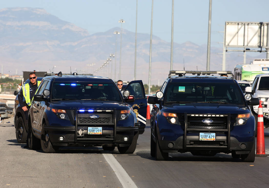 The Nevada Highway Patrol investigates a fatal motorcycle crash on eastbound 215 Beltway near Stephanie Street in Henderson on Friday, June 1, 2018. (Bizuayehu Tesfaye/Las Vegas Review-Journal) @b ...