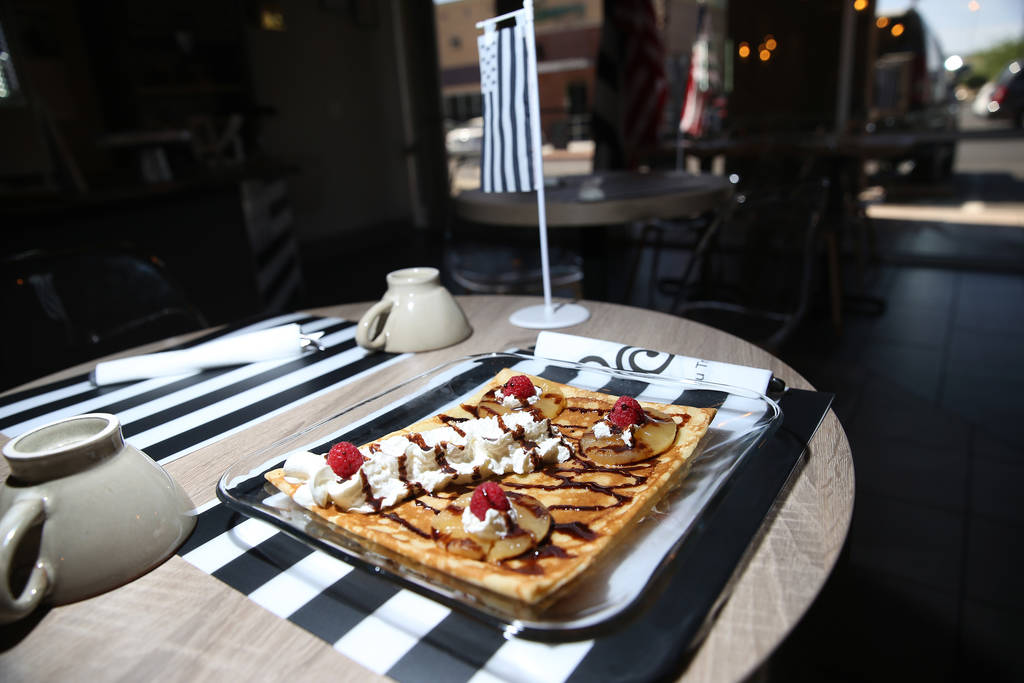 A crepe served with cooked pineapples, salted caramel, raspberries, and whipped cream, at The Real Crepe, 7595 W. Washington Ave., in Las Vegas, Tuesday, June 5, 2018. Erik Verduzco Las Vegas Revi ...