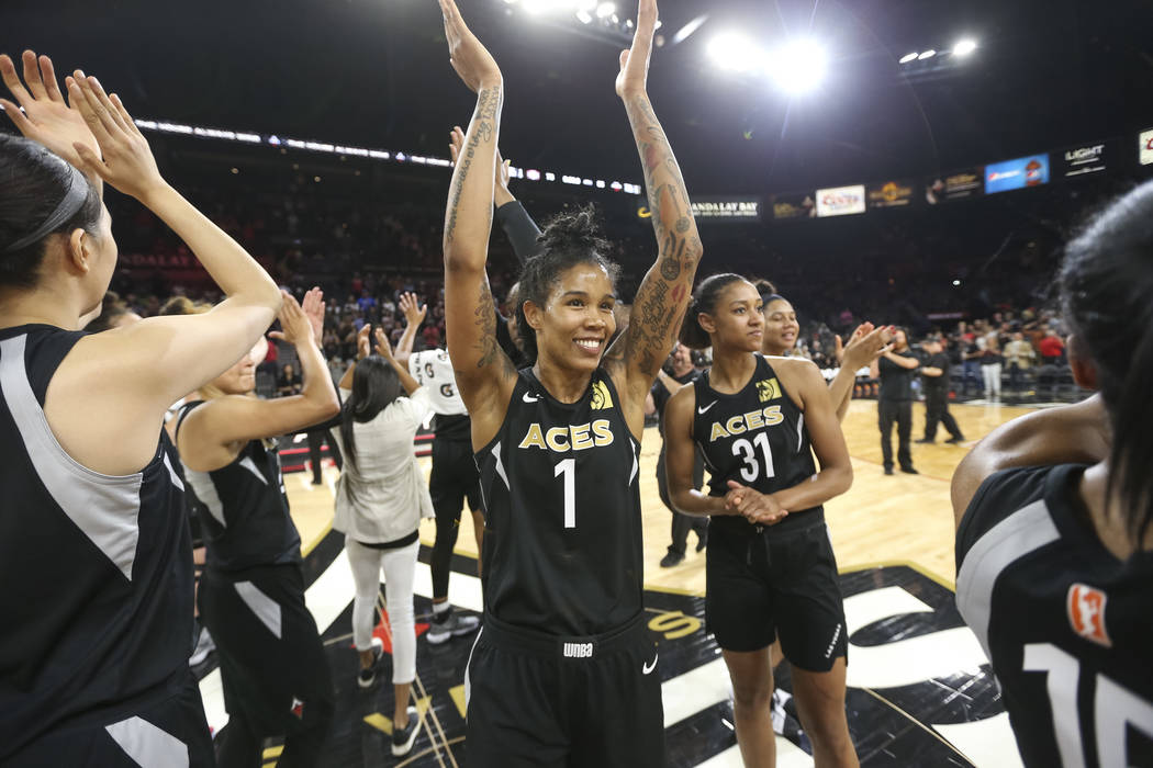 Las Vegas Aces forward Tamera Young (1) celebrates the teams 85-73 victory over the Washington Mystics following a WNBA basketball game at the Mandalay Bay Events Center in Las Vegas on Friday, Ju ...