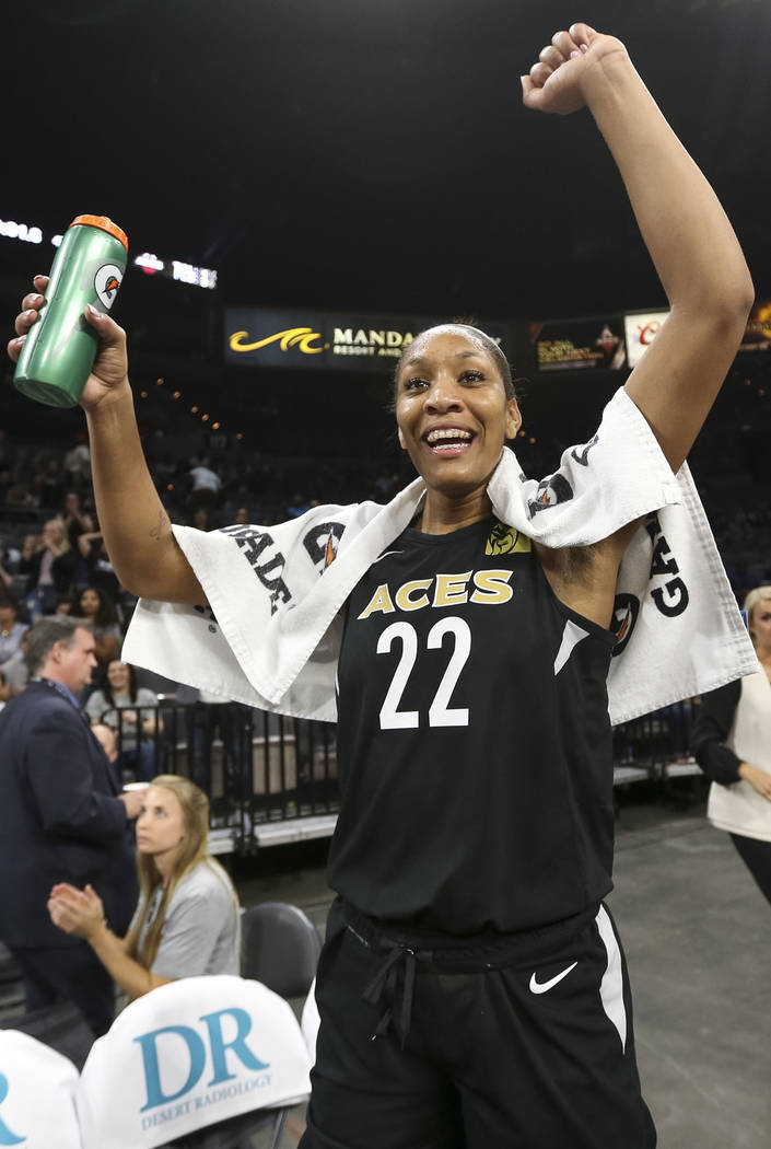Las Vegas Aces center A'ja Wilson (22) celebrates the teams 85-73 victory over the Washington Mystics following a WNBA basketball game at the Mandalay Bay Events Center in Las Vegas on Friday, Jun ...