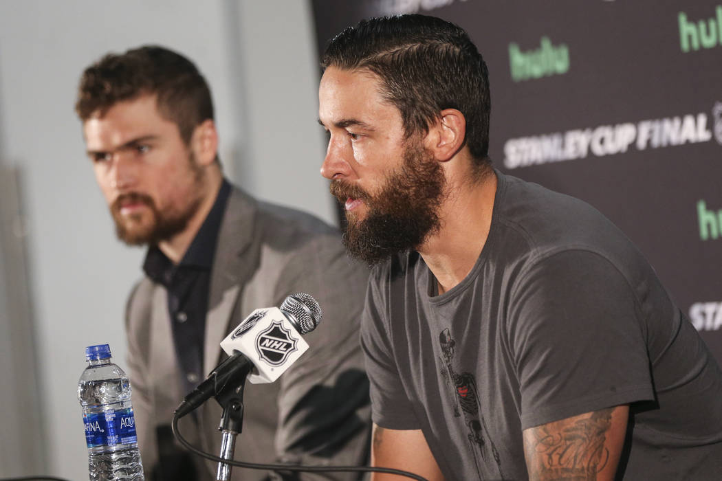 Golden Knights defenseman Deryk Engelland answers questions at the Kettler Capitals Iceplex ahead of Game 4 of the Stanley Cup Final in Arlington, Va. on Sunday, June 3, 2018. Chase Stevens Las Ve ...