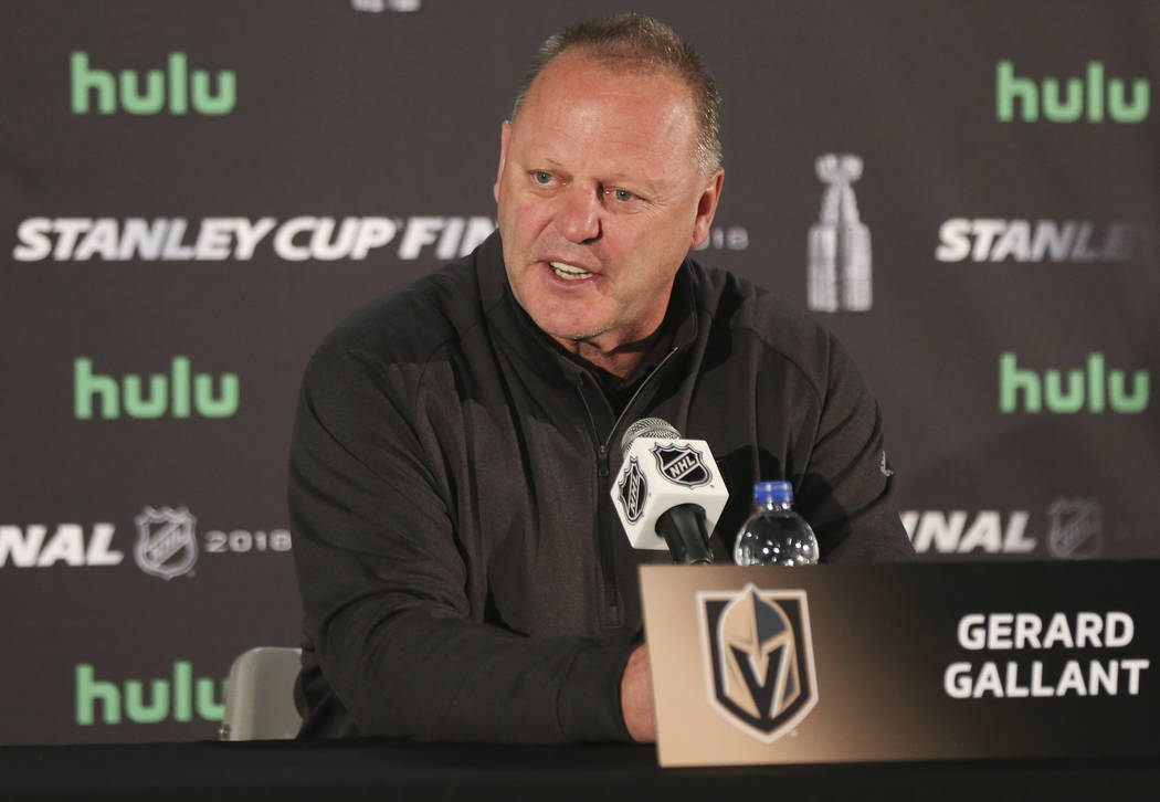 Golden Knights head coach Gerard Gallant answers questions at the Kettler Capitals Iceplex ahead of Game 4 of the Stanley Cup Final in Arlington, Va. on Sunday, June 3, 2018. Chase Stevens Las Veg ...