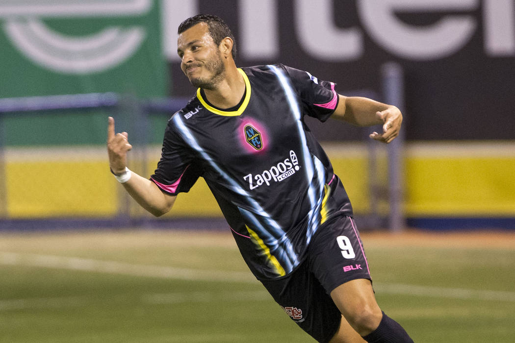 Las Vegas Lights FC forward Sammy Ochoa (9) celebrates after scoring against the Seattle Sounders FC 2 during the first half of a United Soccer League match at Cashman Field in downtown Las Vegas ...