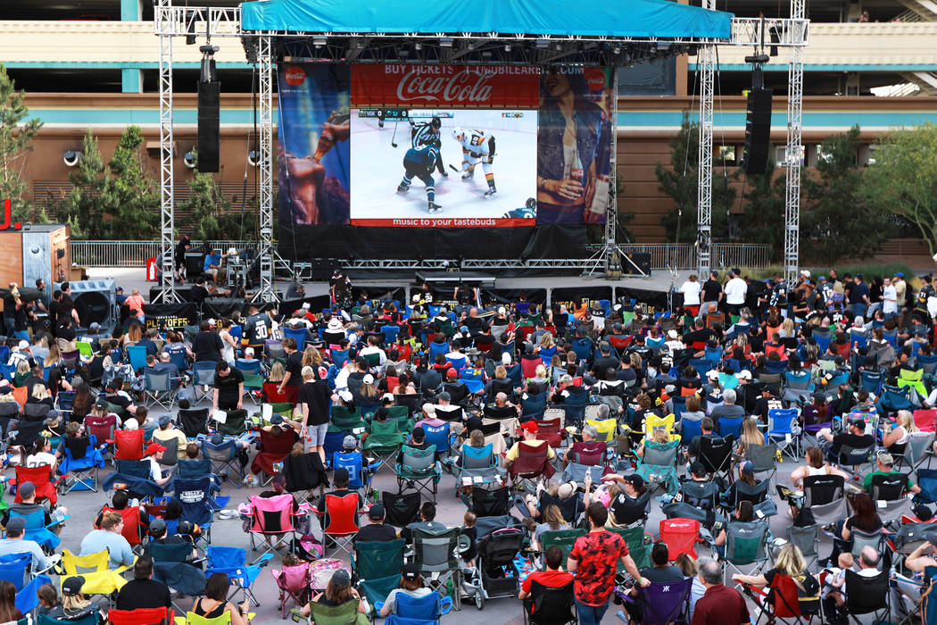 Fans attend a Vegas Golden Knights watch party for game six of the Stanley Cup playoffs outside on Toshiba Plaza in Las Vegas on Sunday, May 6, 2018. Andrea Cornejo Las Vegas Review-Journal @dreac ...