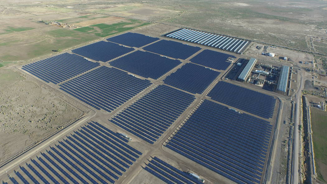 An undated aerial photo shows Enel Green Power's Stillwater GeoSolar Hybrid Plant near Fallon. A 160-acre addition to the plant's solar array could begin delivering power to Wynn Resorts in L ...