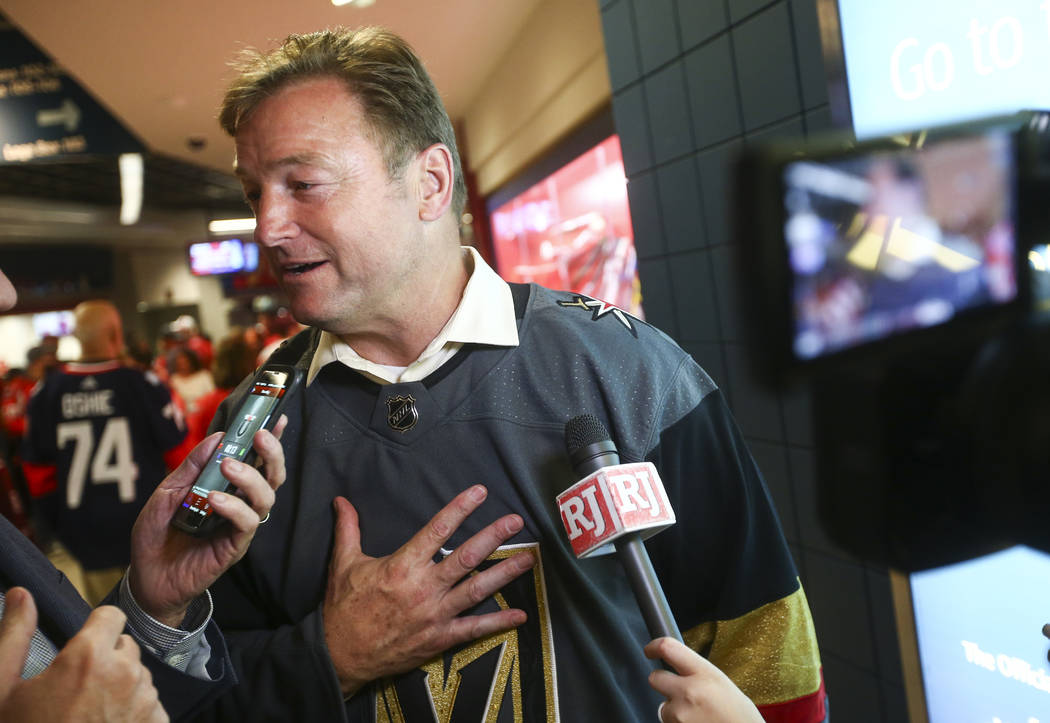 U.S. Sen. Dean Heller, R-Nev., is interviewed before the start of Game 4 of the Stanley Cup Final at Capital One Arena in Washington on Monday, June 4, 2018. Chase Stevens Las Vegas Review-Journal ...