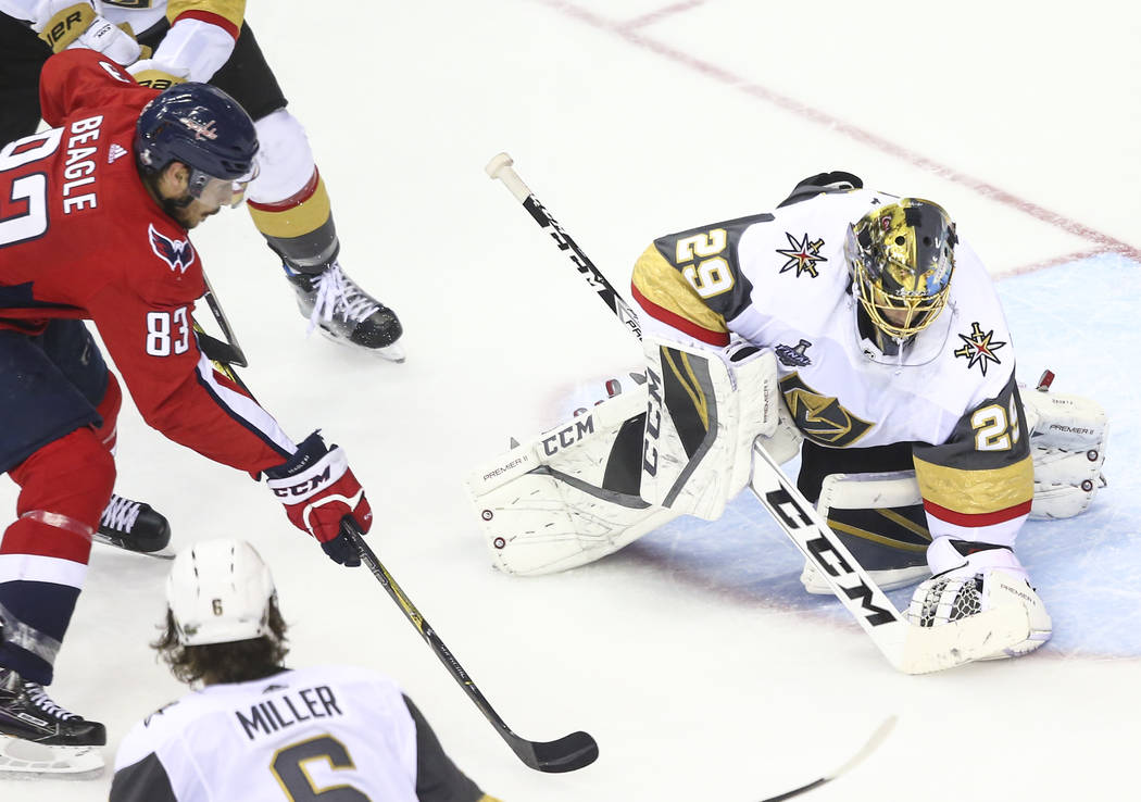 Golden Knights goaltender Marc-Andre Fleury (29) blocks a shot in front of Washington Capitals center Jay Beagle (83) during the second period of Game 4 of the Stanley Cup Final at Capital One Are ...