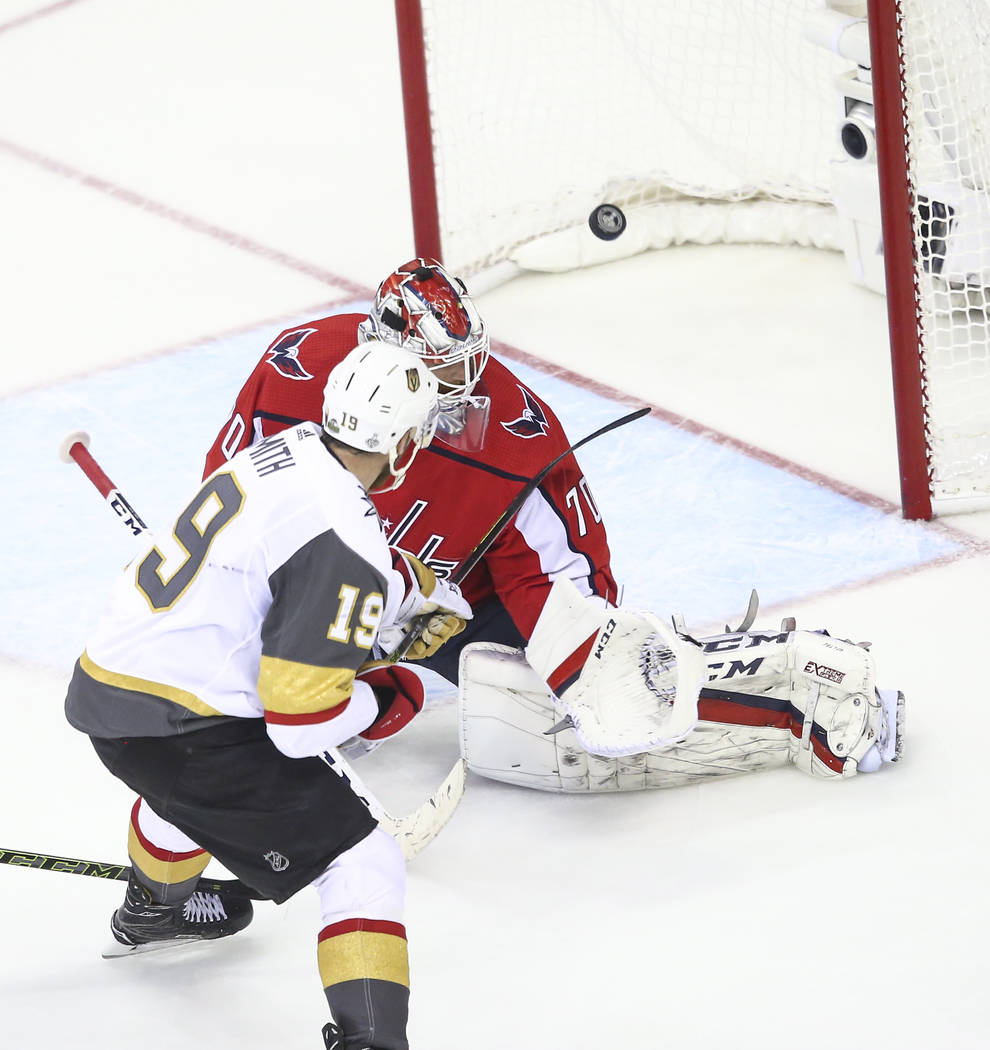 Golden Knights right wing Reilly Smith (19) scores past Washington Capitals goaltender Braden Holtby (70) during the third period of Game 4 of the Stanley Cup Final at Capital One Arena in Washing ...
