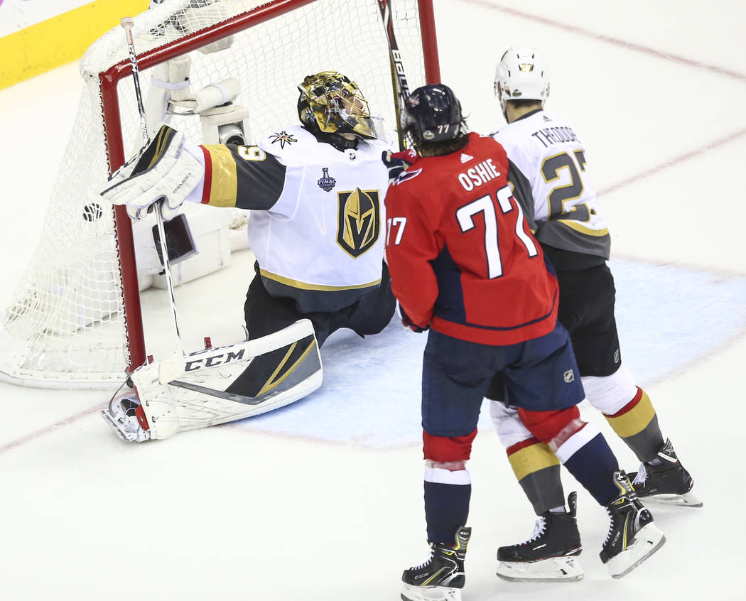 Golden Knights goaltender Marc-Andre Fleury (29) gets scored on by Washington Capitals defenseman Michal Kempny, not pictured, during the third period of Game 4 of the Stanley Cup Final at Capital ...