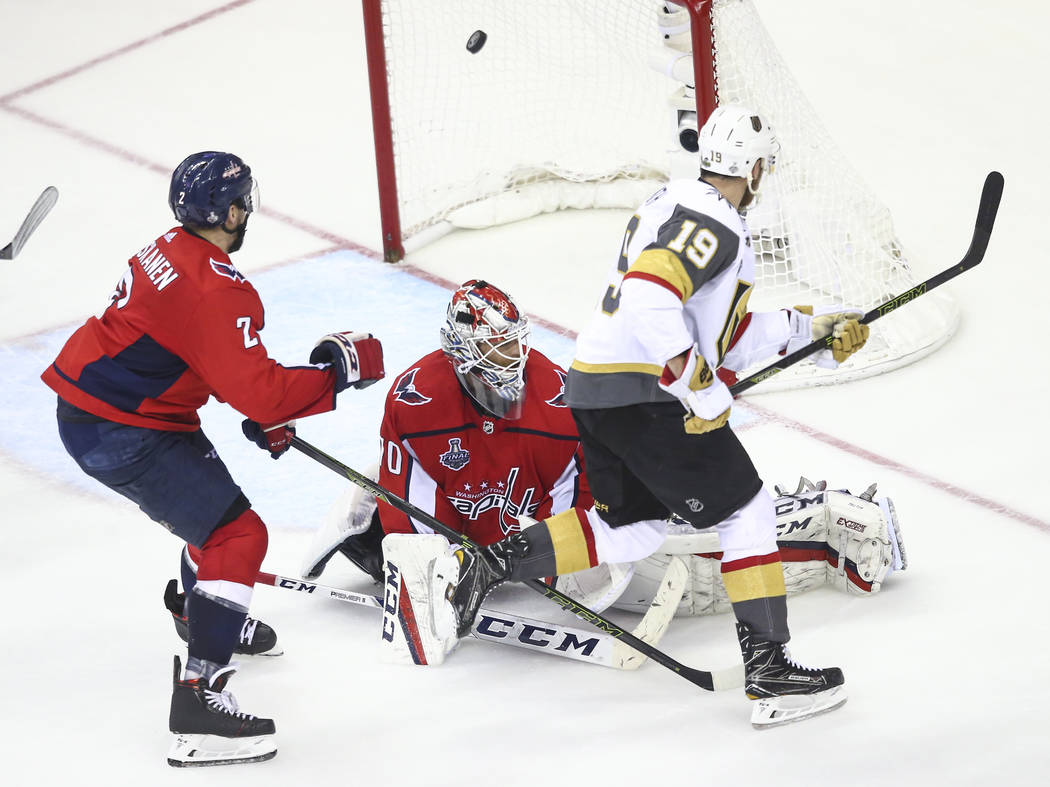 Golden Knights right wing Reilly Smith (19) scores past Washington Capitals goaltender Braden Holtby (70) during the third period of Game 4 of the Stanley Cup Final at Capital One Arena in Washing ...