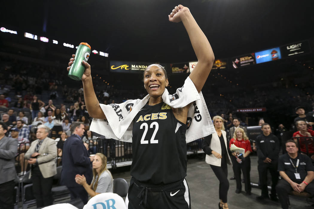 Las Vegas Aces center A'ja Wilson (22) celebrates the teams 85-73 victory over the Washington Mystics following a WNBA basketball game at the Mandalay Bay Events Center in Las Vegas on Friday, Jun ...