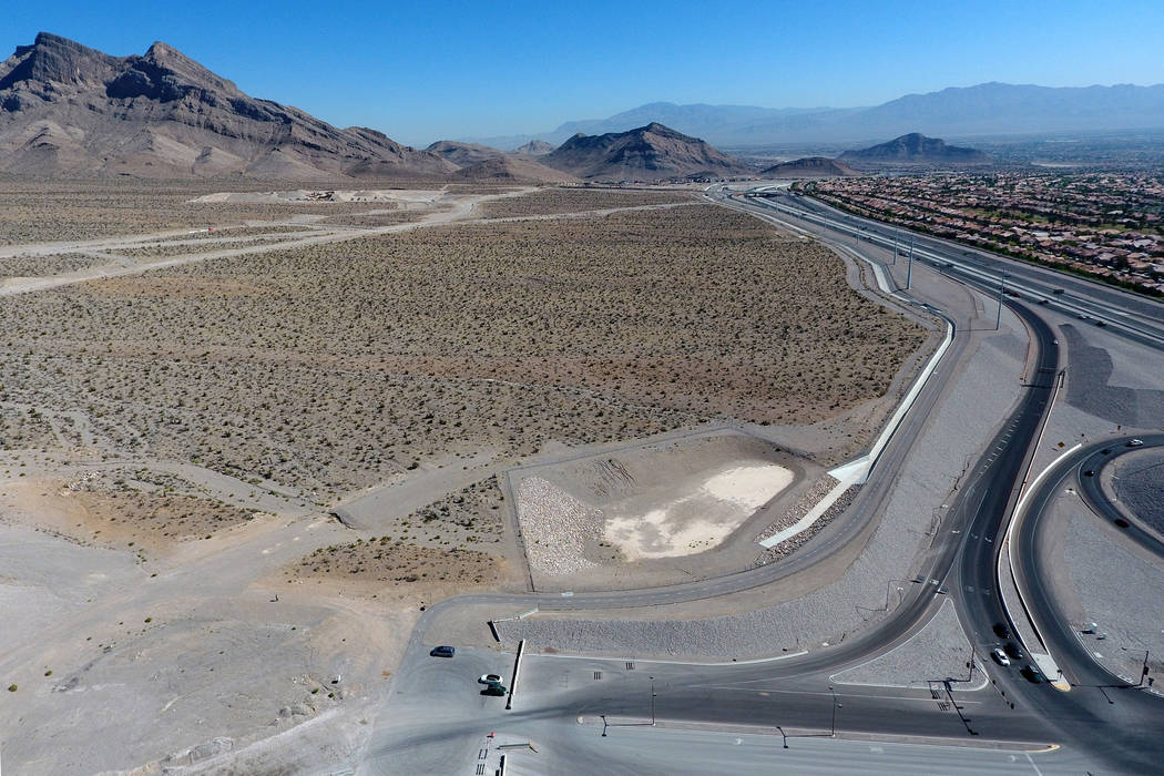 Aerial view of 100 acres of land west of the Summerlin Parkway/215 Beltway interchange offered to Amazon for free as a site to build its second headquarters in Southern Nevada. Wednesday, June 6, ...