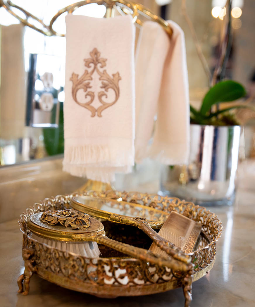 Liberace's personal items are displayed in the mansion's master bathroom. (Tonya Harvey Real Estate Millions)