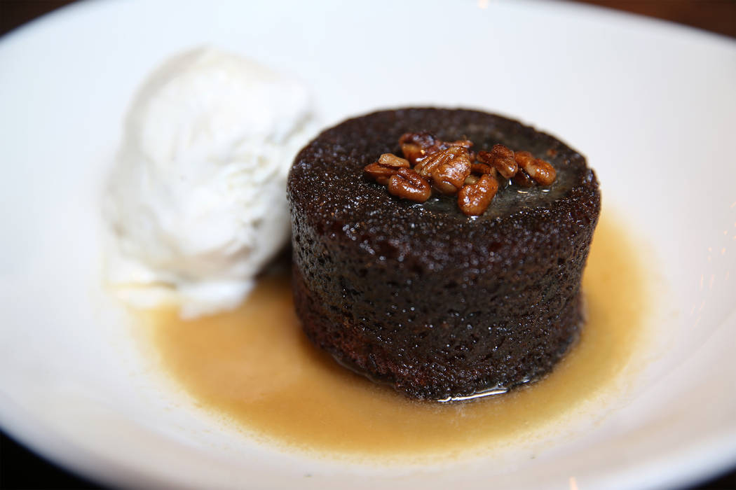The Bourbon Barrel Cake, served with candied pecans, caramel, and vanilla bean ice cream, at Eureka restaurant, 520 E. Fremont St., in Las Vegas, Wednesday, June 13, 2018. Erik Verduzco Las Vegas ...
