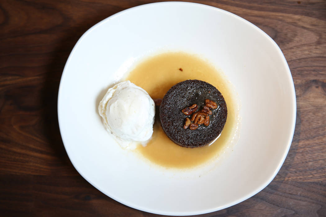 The Bourbon Barrel Cake, served with candied pecans, caramel, and vanilla bean ice cream, at Eureka restaurant, 520 E. Fremont St., in Las Vegas, Wednesday, June 13, 2018. Erik Verduzco Las Vegas ...