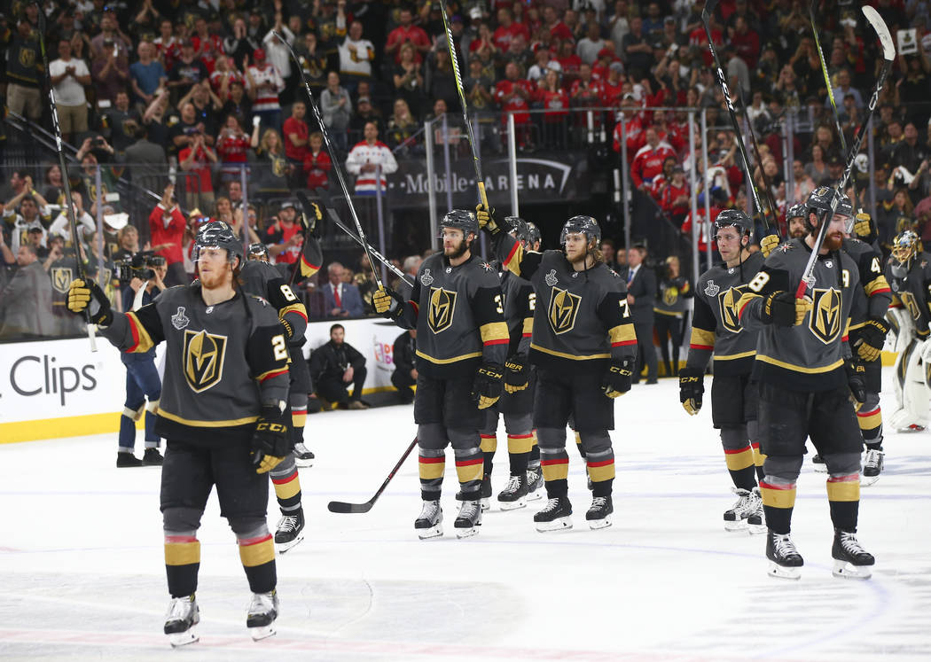 Golden Knights players react after losing in Game 5 of the Stanley Cup Final to the Washington Capitals at T-Mobile Arena in Las Vegas on Thursday, June 7, 2018. Chase Stevens Las Vegas Review-Jou ...