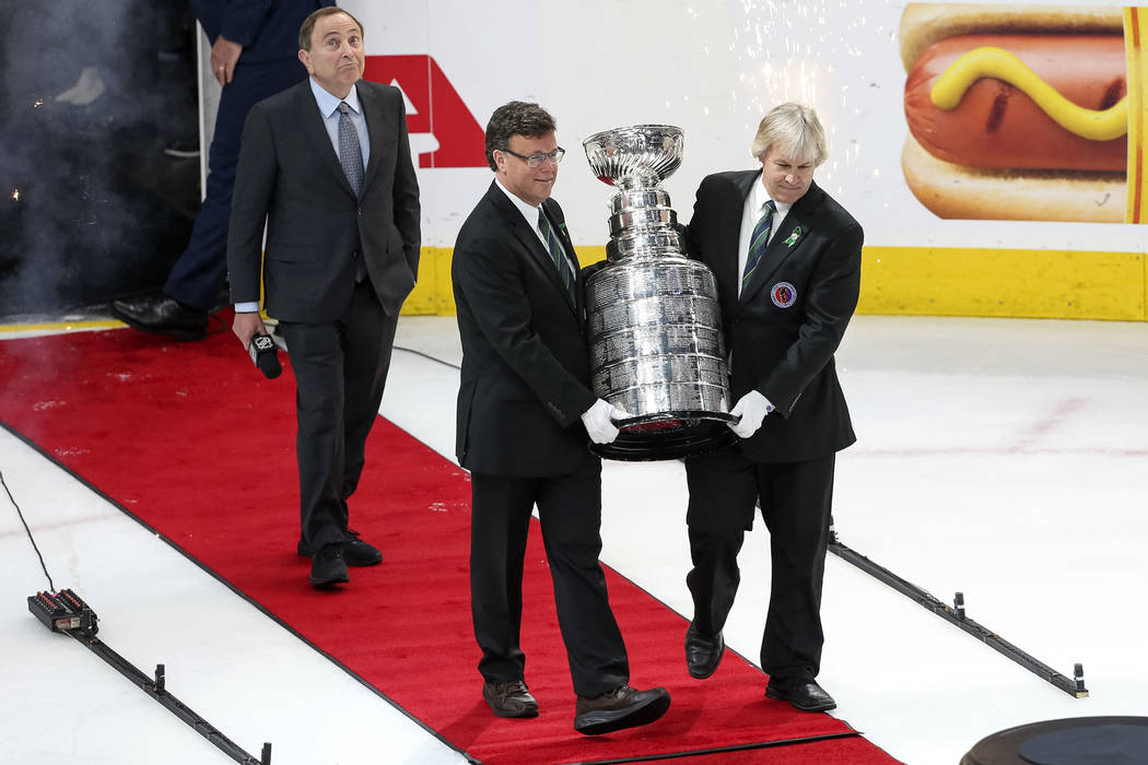 The Stanley Cup is brought out to the ice after the Washington Capitals defeated the Golden Knights 4-3 to win the NHL hockey Stanley Cup Final at T-Mobile Arena in Las Vegas on Thursday, June 7, ...