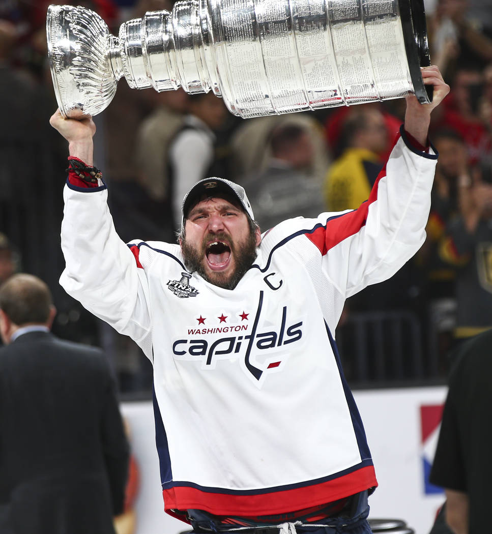 Washington Capitals left wing Alex Ovechkin (8) celebrates after defeating the Golden Knights in Game 5 of the Stanley Cup Final to win the series at T-Mobile Arena in Las Vegas on Thursday, June ...