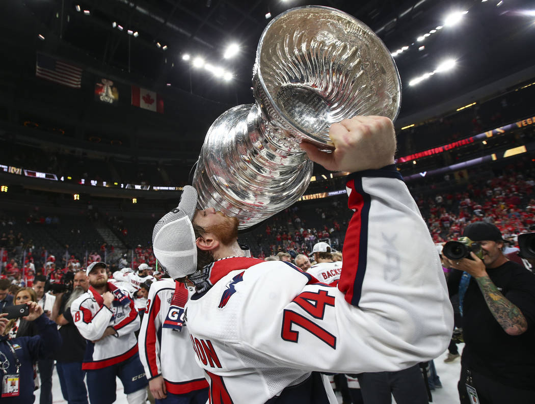 Washington Capitals defenseman John Carlson (74) celebrates after defeating the Golden Knights in Game 5 to win the Stanley Cup Final at T-Mobile Arena in Las Vegas on Thursday, June 7, 2018. Chas ...