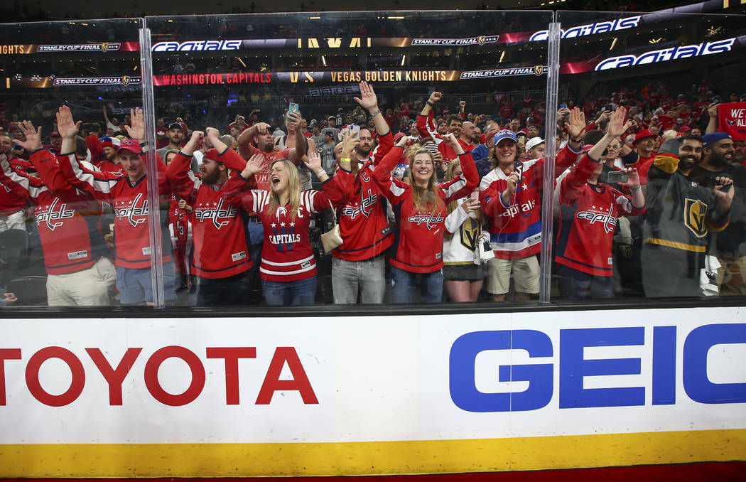 Washington Capitals fans celebrate their team's win over the Golden Knights in Game 5 to win the Stanley Cup Final at T-Mobile Arena in Las Vegas on Thursday, June 7, 2018. Chase Stevens Las Vegas ...