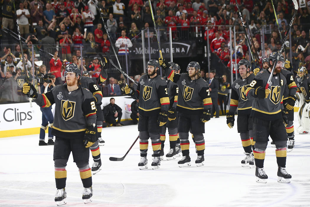 Golden Knights players react after losing in Game 5 of the Stanley Cup Final to the Washington Capitals at T-Mobile Arena in Las Vegas on Thursday, June 7, 2018. Chase Stevens Las Vegas Review-Jou ...