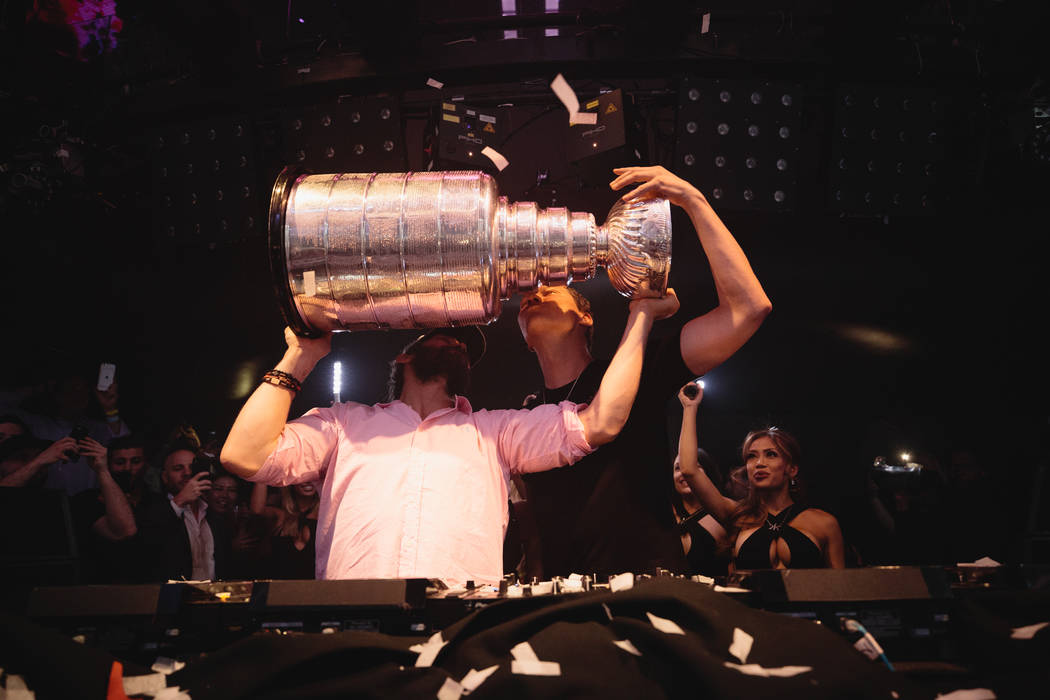 Washington Capitals star Alex Ovechkin and EDM star Tiesto are shown at Hakkasan Nightclub at MGM Grand after the Caps' Stanley Cup Final victory over the Vegas Golden Knights on June 7, 2018. (Jo ...