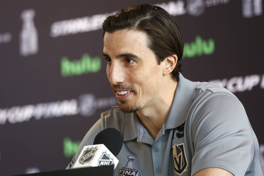 Golden Knights goaltender Marc-Andre Fleury speaks during NHL hockey media day for the Stanley Cup Final at the T-Mobile Arena in Las Vegas on Sunday, May 27, 2018. Chase Stevens Las Vegas Review- ...