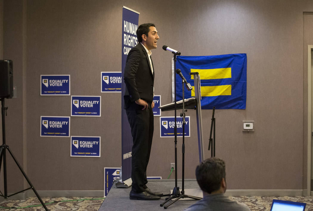 Assemblyman and Secretary of State candidate Nelson Araujo on stage during a Get Out the Vote rally hosted by the Human Rights Campaign at The Gay and Lesbian Community Center of Southern Nevada i ...