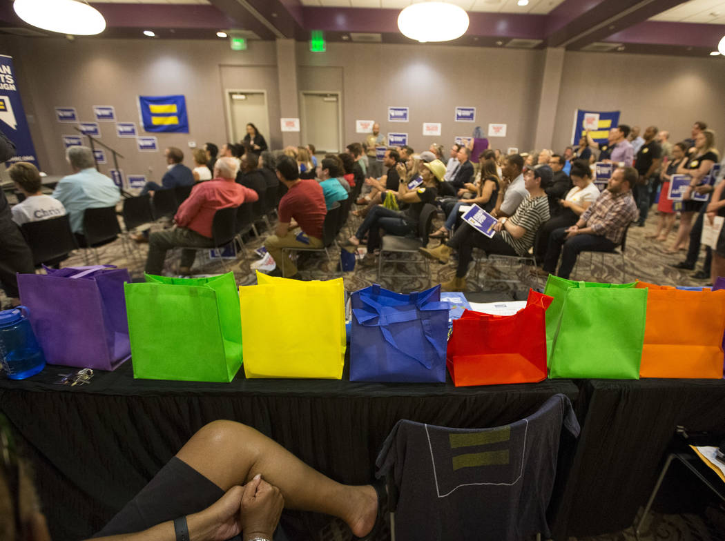 People attend a Get Out the Vote rally hosted by the Human Rights Campaign at The Gay and Lesbian Community Center of Southern Nevada in Las Vegas on Monday, June 11, 2018. Richard Brian Las Vegas ...