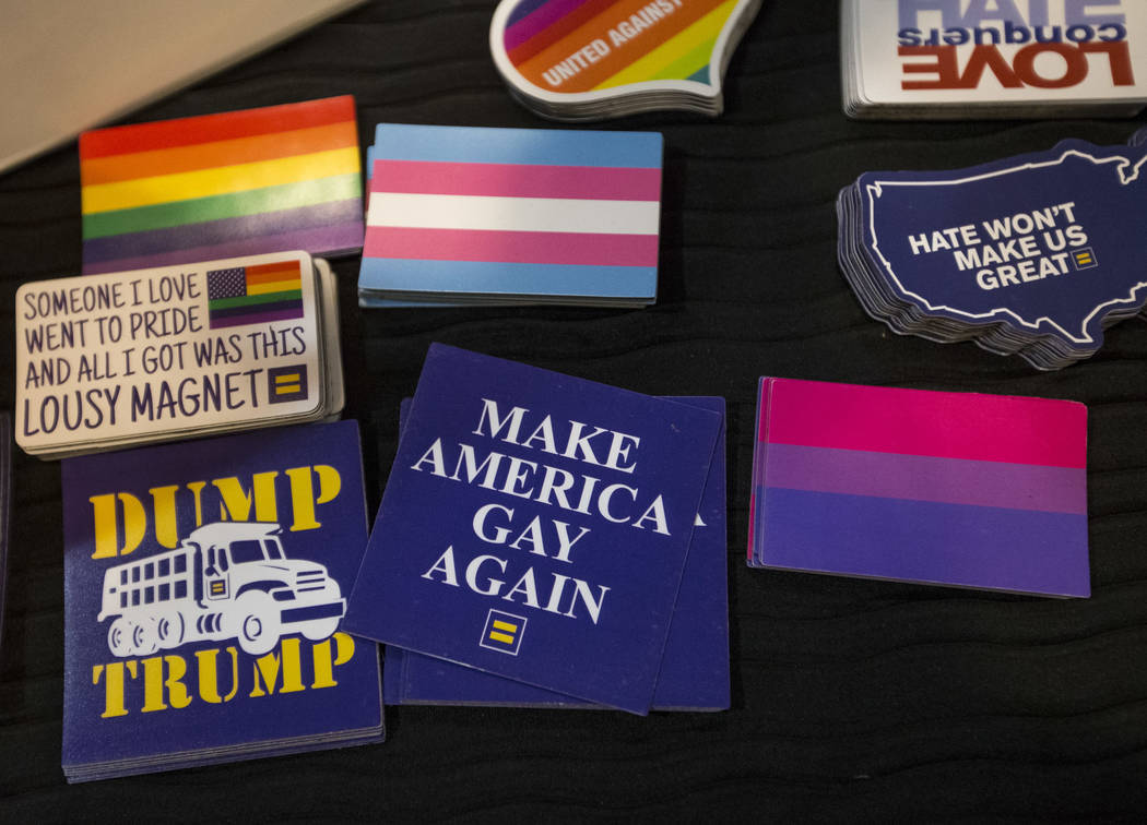 Pride stickers on a table during a Get Out the Vote rally hosted by the Human Rights Campaign at The Gay and Lesbian Community Center of Southern Nevada in Las Vegas on Monday, June 11, 2018. Rich ...