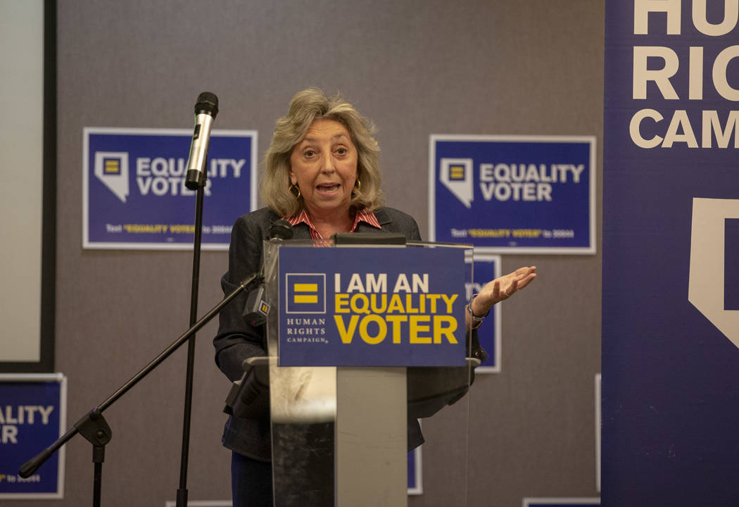 Congresswoman Dina Titus speaks during a Get Out the Vote rally hosted by the Human Rights Campaign at The Gay and Lesbian Community Center of Southern Nevada in Las Vegas on Monday, June 11, 2018 ...
