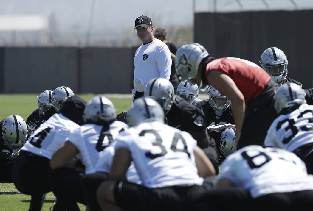 Oakland Raiders head coach Jon Gruden, center, watches as players stretch during practice at the team's NFL football training facility in Alameda, Calif., Tuesday, May 29, 2018. (AP Photo/Jeff Chiu)